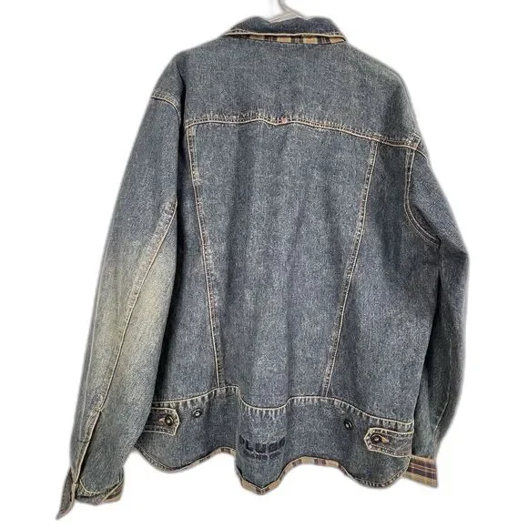 Plugg Vintage Denim Jean Jacket Plaid Lining goth men pockets Made in Russia XL